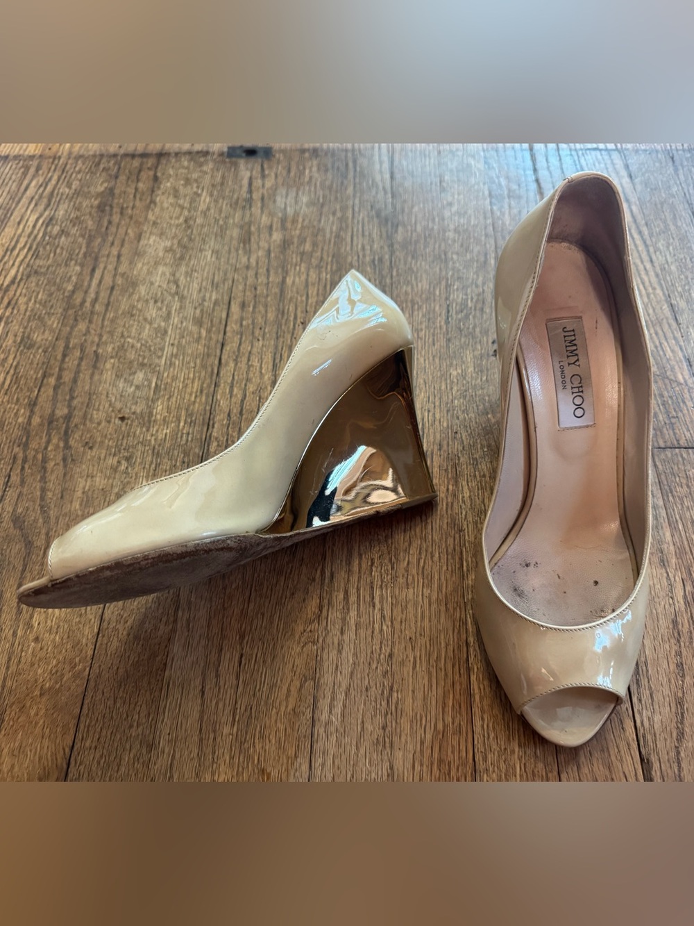 Jimmy Choo Beige Patent Wedge Pumps with Metallic Gold Wedge - size 40.5